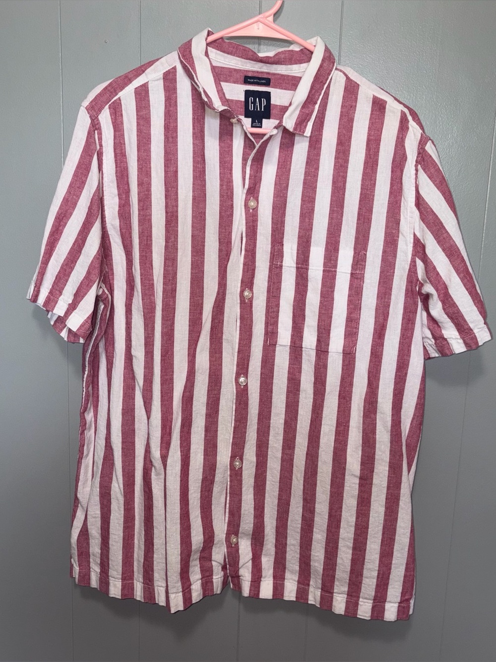 Gap Short Sleeve Linen Cotton Blend Button Front Red White Stripe Shirt Large